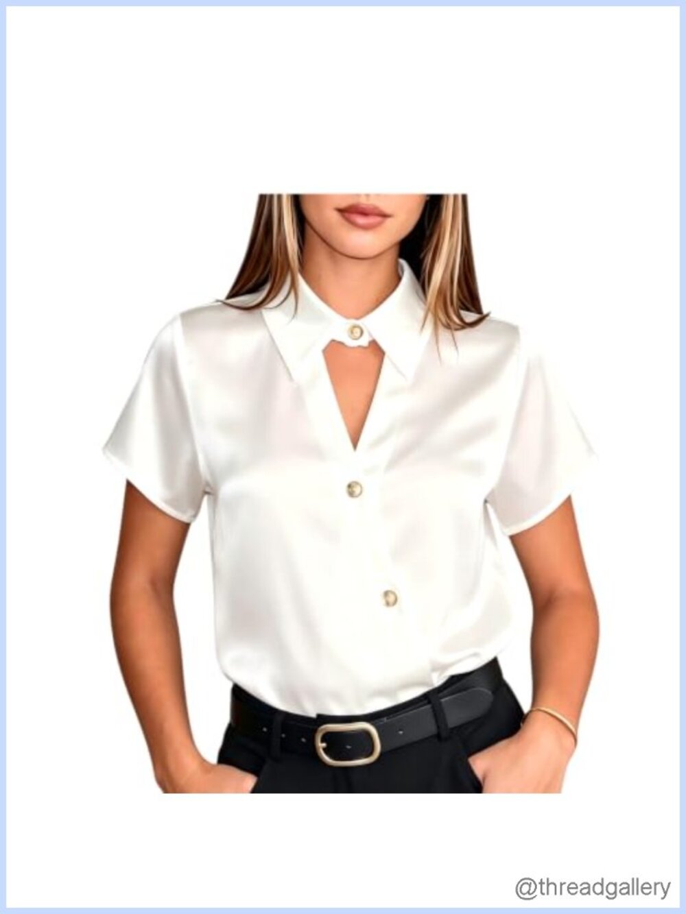 Satin Short Sleeve Button Down Blouse with Keyhole Collar Business Casual